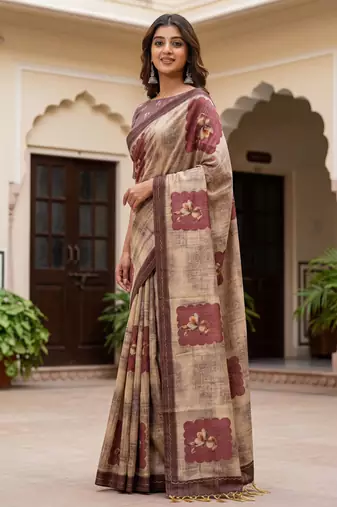  chiku virana silk blend elegant printed saree with dori work