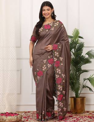 Brown manipuri silk blend elegant saree with embroidered with cut work 1