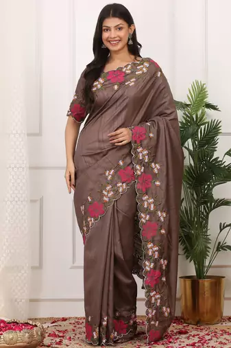 Brown color manipuri silk elegant saree with beautiful embroidered with cut work
