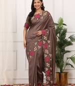 Brown manipuri silk elegant saree with beautiful embroidered with cut work