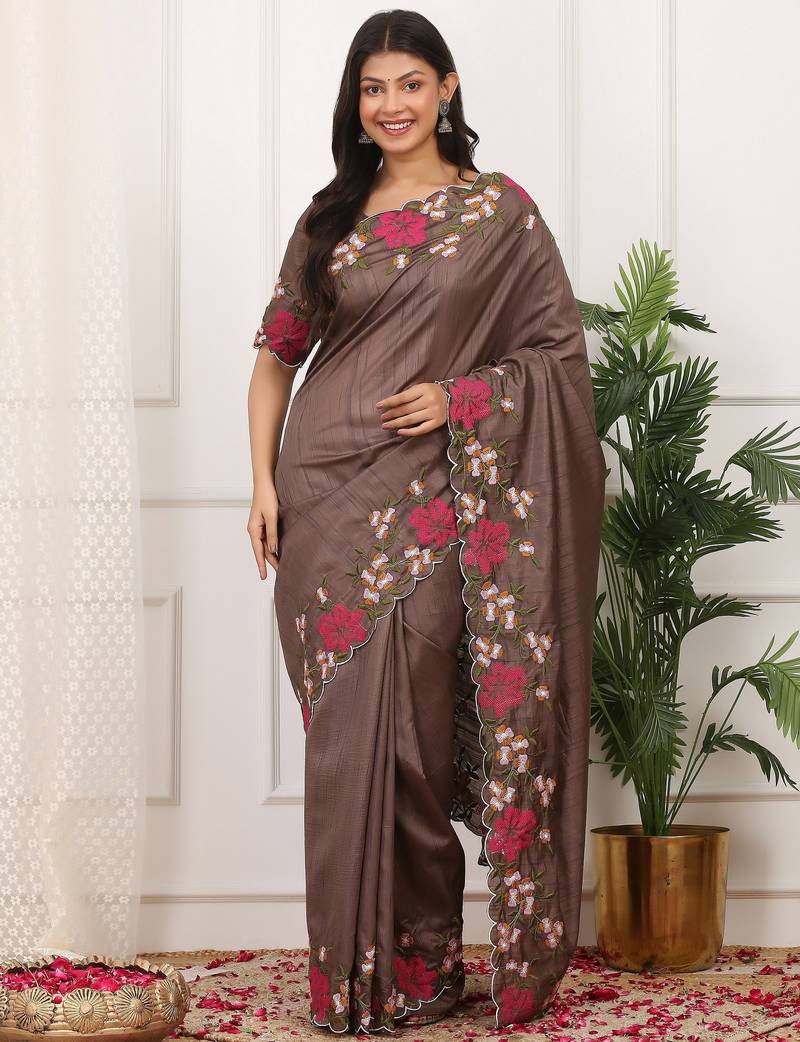 Brown color manipuri silk elegant saree with beautiful embroidered with cut work