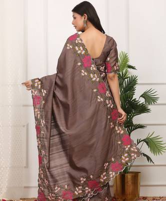 Brown manipuri silk blend elegant saree with embroidered with cut work 2