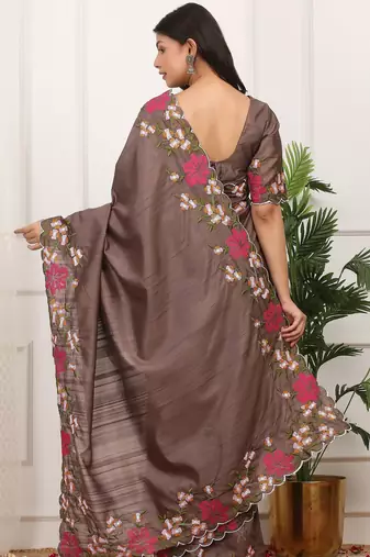 Brown manipuri silk blend elegant saree with embroidered with cut work