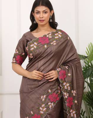 Brown manipuri silk blend elegant saree with embroidered with cut work 3