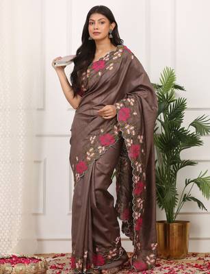 Brown manipuri silk blend elegant saree with embroidered with cut work 4