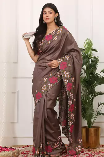 Brown manipuri silk blend elegant saree with embroidered with cut work