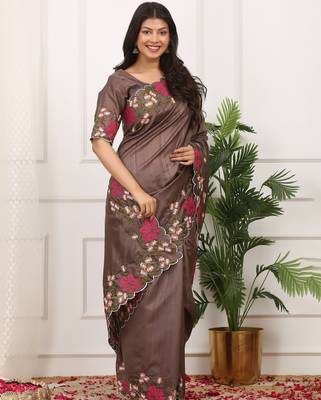 Brown manipuri silk blend elegant saree with embroidered with cut work 5
