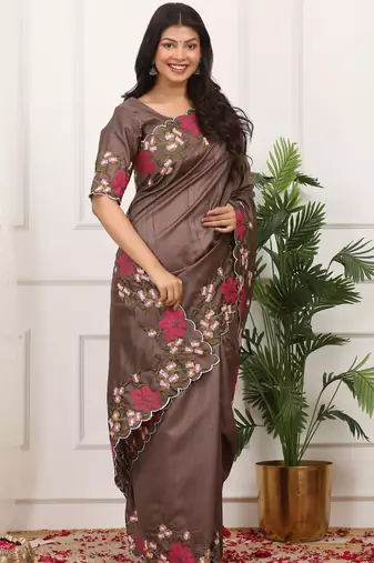 Brown manipuri silk blend elegant saree with embroidered with cut work