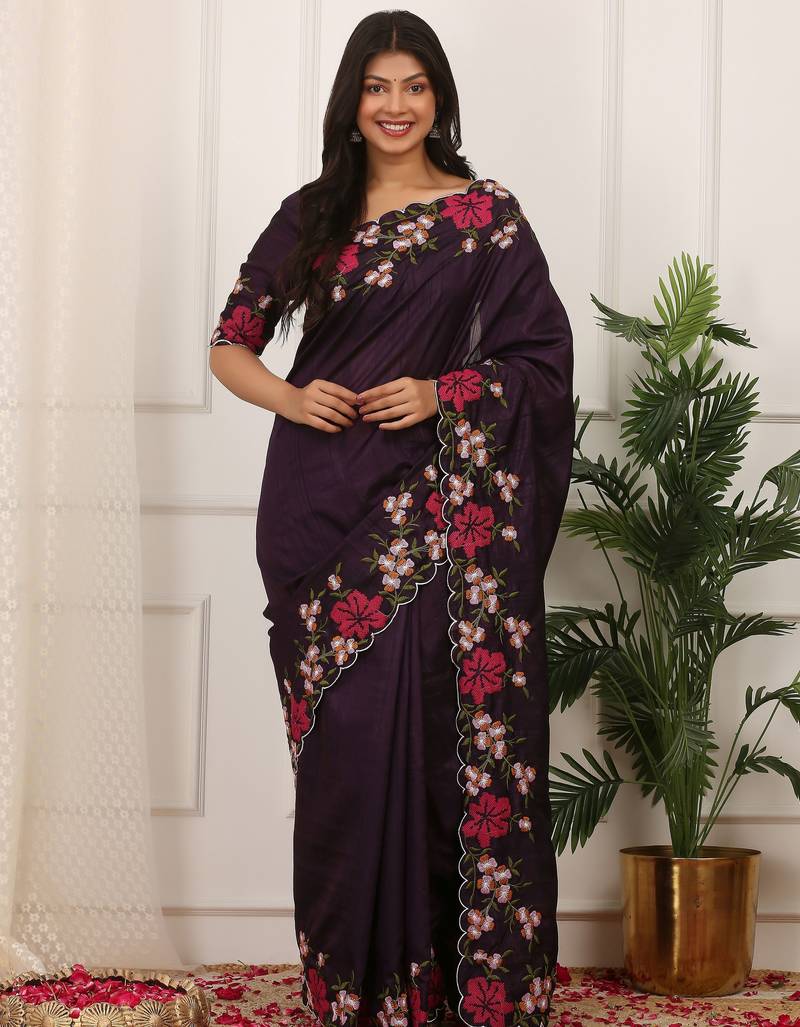 Purple color manipuri silk elegant saree with beautiful embroidered with cut work