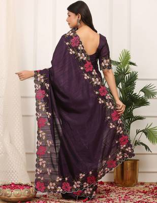Purple manipuri silk blend elegant saree with embroidered with cut work 2