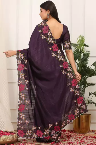 Purple manipuri silk blend elegant saree with embroidered with cut work