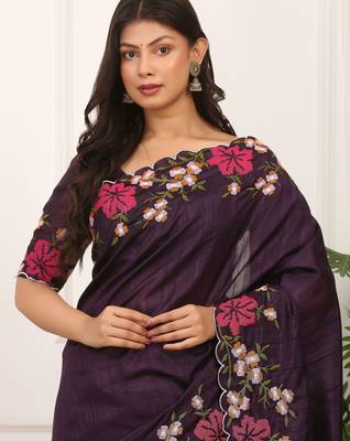 Purple manipuri silk blend elegant saree with embroidered with cut work 3