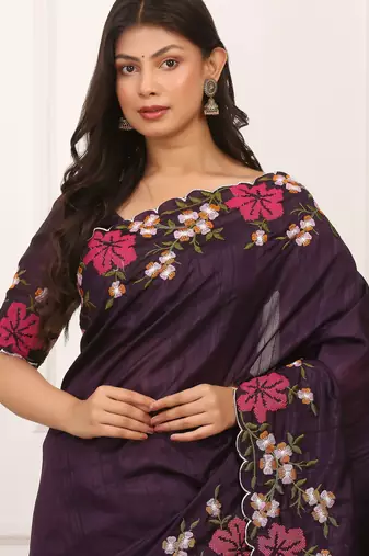 Purple manipuri silk blend elegant saree with embroidered with cut work