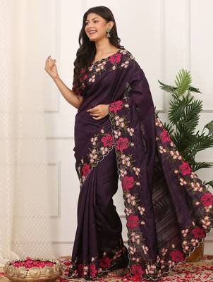 Purple manipuri silk blend elegant saree with embroidered with cut work 4