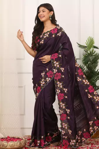Purple manipuri silk blend elegant saree with embroidered with cut work