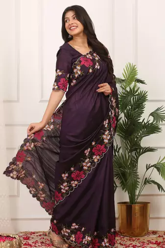 Purple manipuri silk blend elegant saree with embroidered with cut work