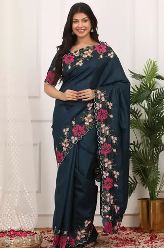 Blue color manipuri silk elegant saree with beautiful embroidered with cut work