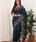 Blue color manipuri silk elegant saree with beautiful embroidered with cut work