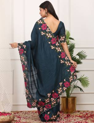 Blue manipuri silk blend elegant saree with embroidered with cut work 2