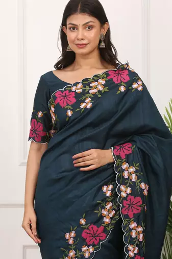 Blue manipuri silk blend elegant saree with embroidered with cut work