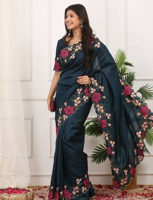 Blue manipuri silk blend elegant saree with embroidered with cut work 4