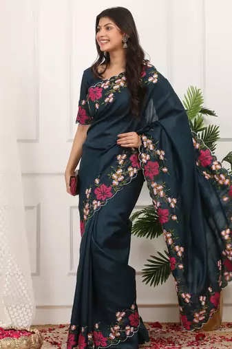 Blue manipuri silk blend elegant saree with embroidered with cut work