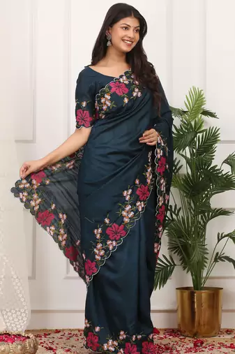 Blue manipuri silk blend elegant saree with embroidered with cut work