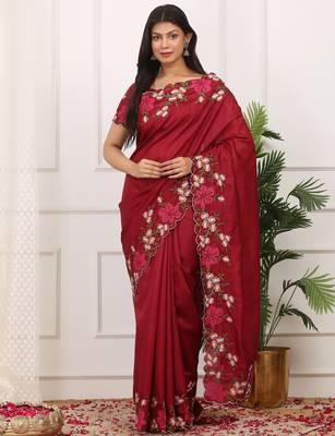 Red manipuri silk blend elegant saree with embroidered with cut work 1