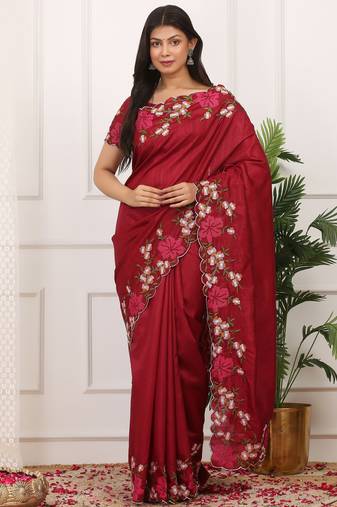 Red color manipuri silk elegant saree with beautiful embroidered with cut work