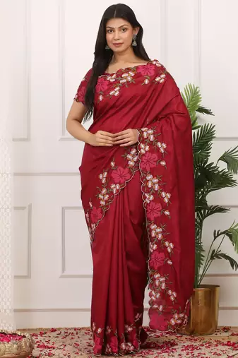 Red color manipuri silk elegant saree with beautiful embroidered with cut work