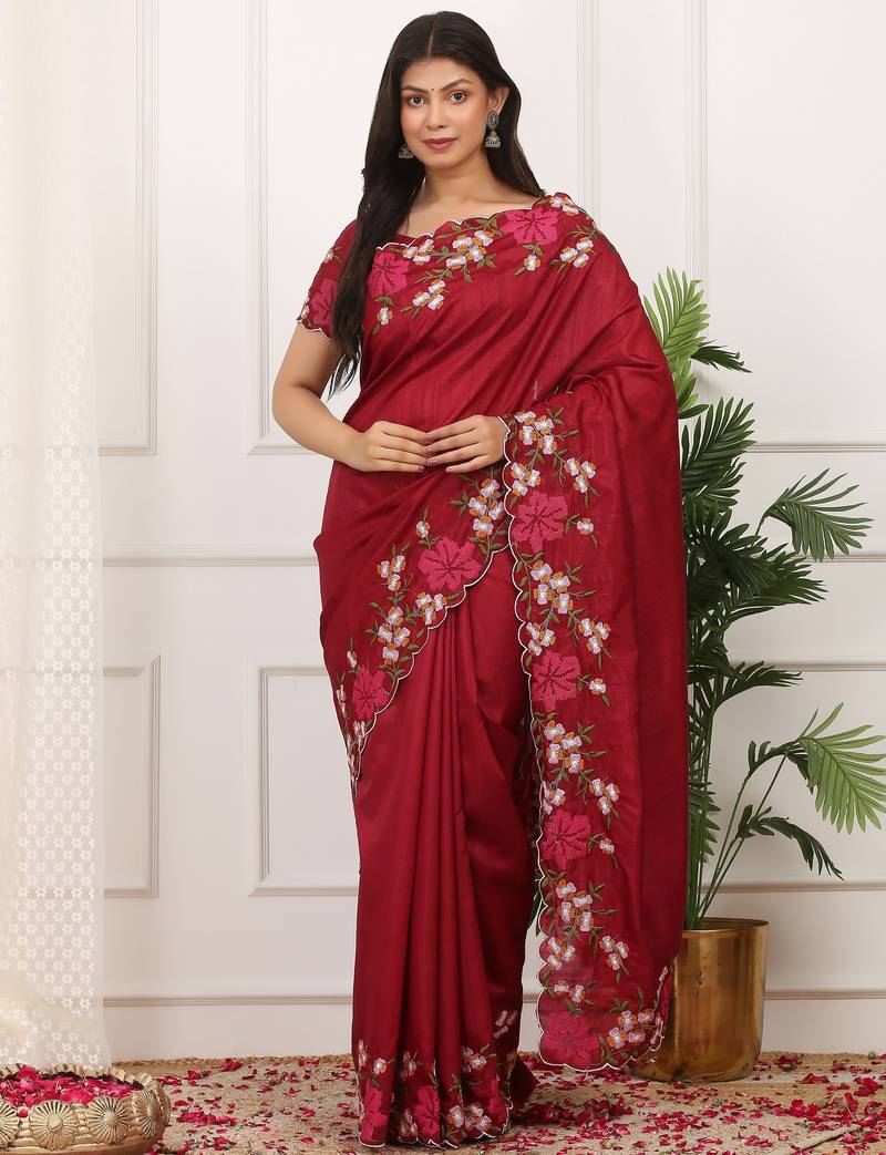 Red color manipuri silk elegant saree with beautiful embroidered with cut work