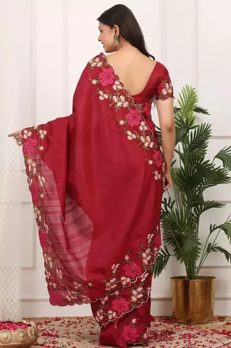 Red manipuri silk blend elegant saree with embroidered with cut work
