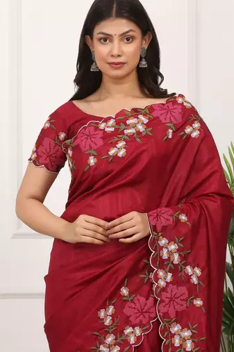 Red manipuri silk blend elegant saree with embroidered with cut work