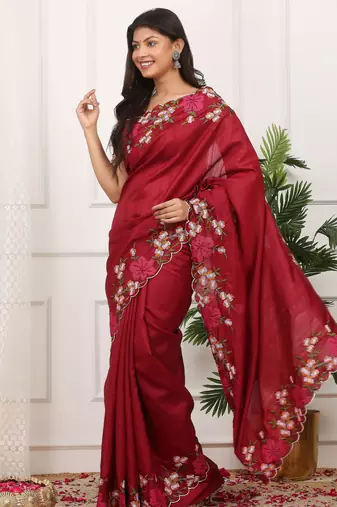 Red manipuri silk blend elegant saree with embroidered with cut work