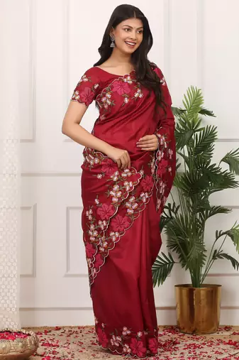Red manipuri silk blend elegant saree with embroidered with cut work