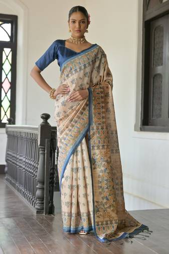 Blue color beautiful madhubani printed tussar silk saree for festive looks