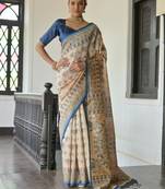 Blue beautiful madhubani printed tussar silk saree for festive looks