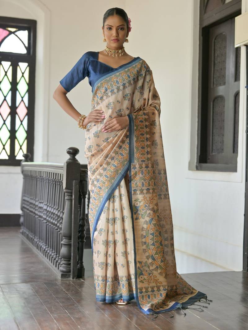 Blue color beautiful madhubani printed tussar silk saree for festive looks