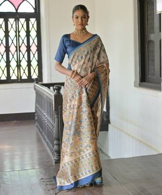 Blue madhubani printed tussar silk blend saree festive looks 3