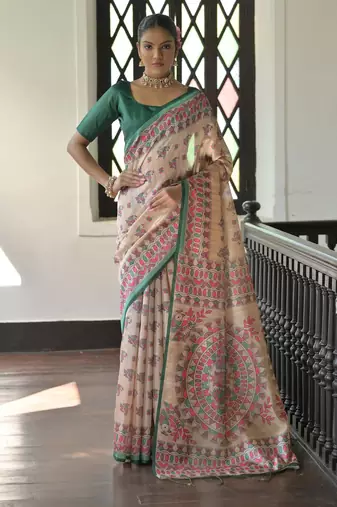 Green color beautiful madhubani printed tussar silk saree for festive looks