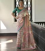 Green beautiful madhubani printed tussar silk saree for festive looks