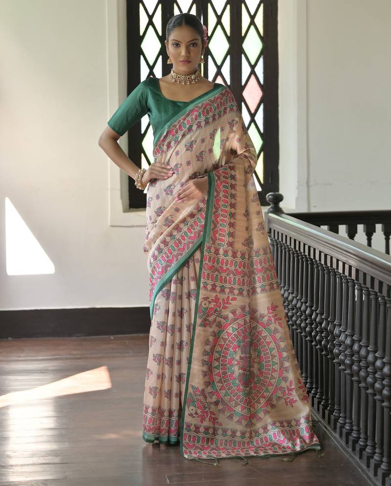 Green color beautiful madhubani printed tussar silk saree for festive looks
