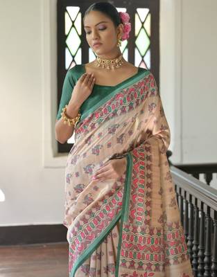 Green madhubani printed tussar silk blend saree festive looks 2