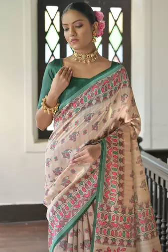 Green madhubani printed tussar silk blend saree festive looks