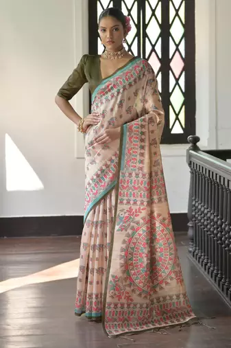 Mahendi color beautiful madhubani printed tussar silk saree for festive looks