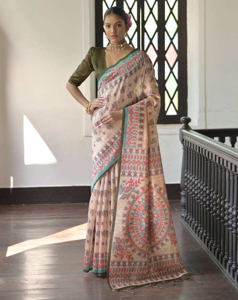 Mahendi color beautiful madhubani printed tussar silk saree for festive looks