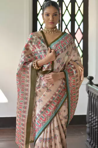 Mahendi madhubani printed tussar silk blend saree festive looks