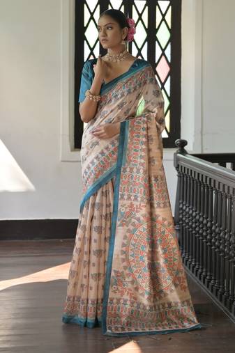 Rama color beautiful madhubani printed tussar silk saree for festive looks