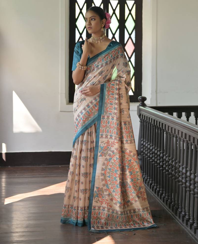 Rama color beautiful madhubani printed tussar silk saree for festive looks