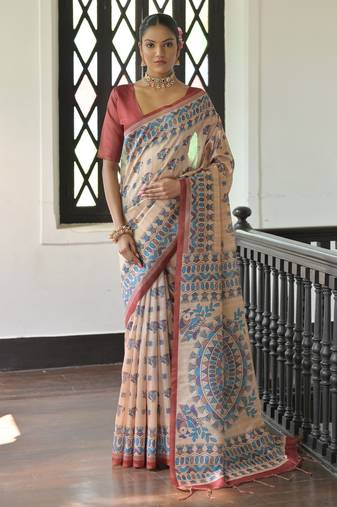 Red color beautiful madhubani printed tussar silk saree for festive looks